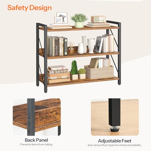 3-Tier Industrial Bookshelf with Metal Frame - Rustic Brown & Black, 32.3L x 11W x 28.5H, Home & Office Storage Organizer