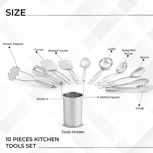 Large 10-Piece Stainless Steel Kitchen Utensil Set with Holder – Premium Cooking & Baking Tools