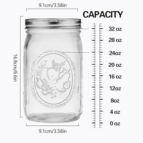 Wide Mouth Mason Jars 32 oz Set of 12 with Airtight Lids for Canning & Preservation