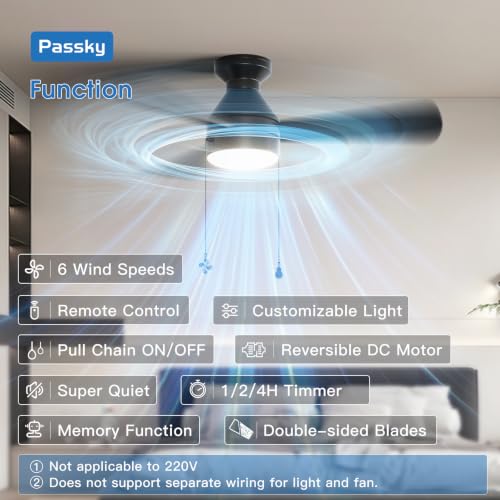 Passky 42 Inch Black Low Profile Ceiling Fan with Light Remote & Pull Chain