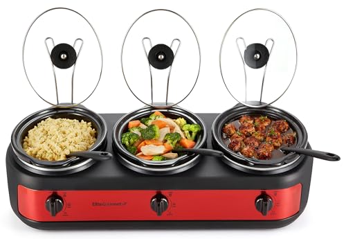 Elite Gourmet Triple Slow Cooker Buffet Server - 3 x 2.5 Qt, Red - Multi-Use Kitchen Appliance
