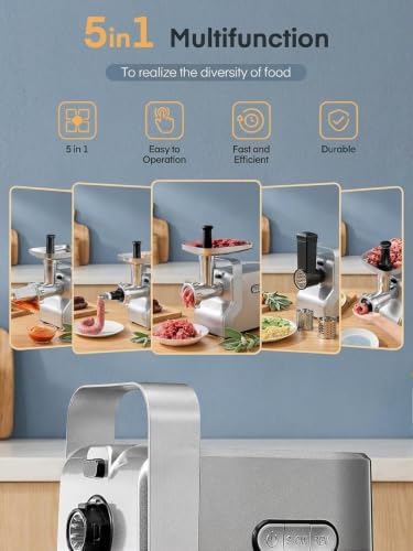 Heavy Duty Electric Meat Grinder 3000W Max - Silver, 5-in-1 Kitchen Mincer & Sausage Stuffer