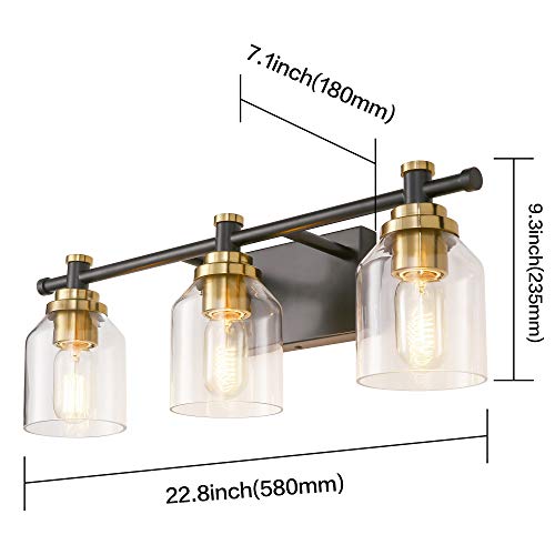 SOLFART Black and Brass 3-Light Bathroom Vanity Light Fixture Over Mirror Globe Style