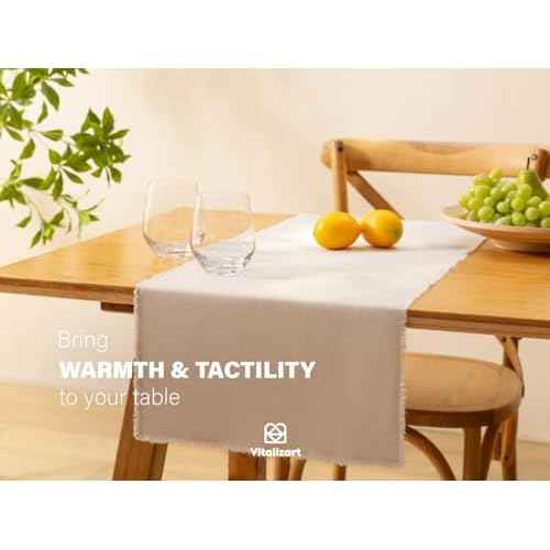 Vitalizart Table Runner 14 x 36 Inches Long Tan Cotton Linen Table Runners for Rustic Home Decorations Dining Room Wedding Decor Reception Bridal Shower Thanksgiving Christmas