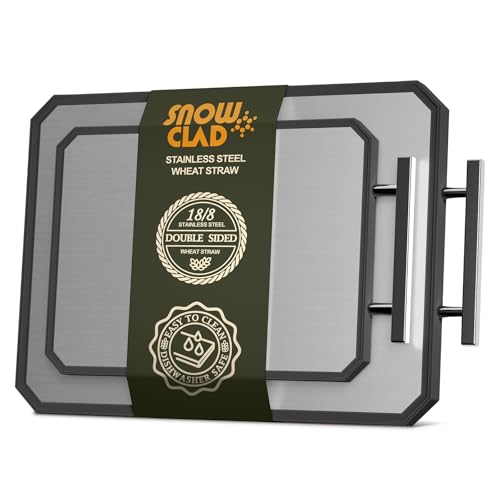 SNOWCLAD 2-Pack Stainless Steel & Wheat Straw Kitchen Cutting Boards with Juice Groove