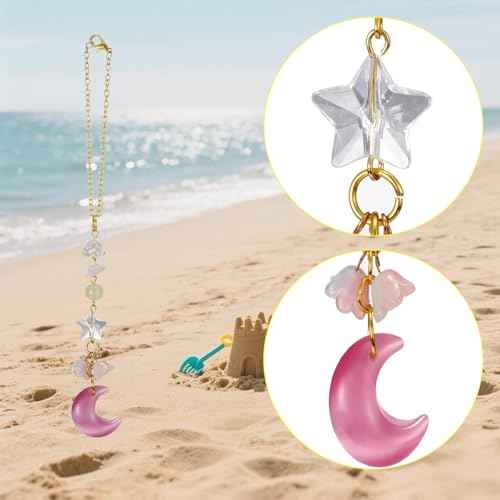 Moon Star Rearview Mirror Accessories Cute Pink Crystal Moon Star Lilly of The Valley Flower Sun Catcher Car Hanging Ornament Charm for Women Car Decor