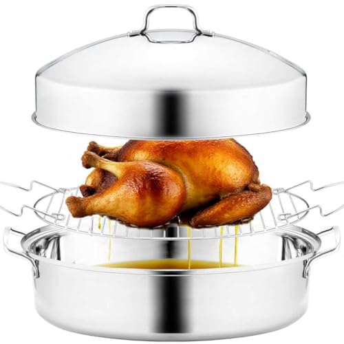 22-Inch Large Roasting Pan with Rack and Lid - Oval Heavy-Gauge Stainless Steel