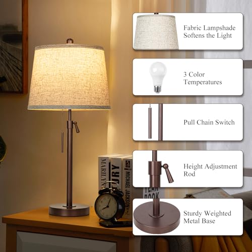 Adjustable Height Bedside Table Lamps Set of 2 - Brown + Beige Shade, 3 Color Temperatures, Modern Nightstand Lamps for Bedroom and Living Room