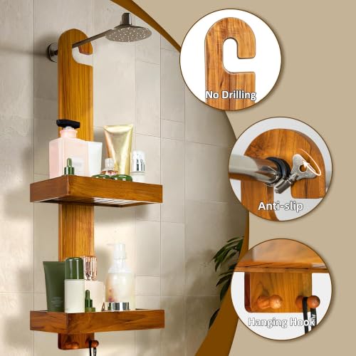Teak Hanging Shower Caddy with Hooks - Over Head Bathroom Organizer