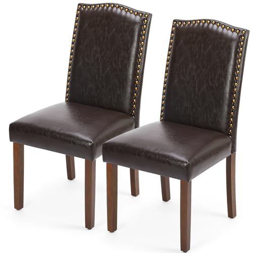 Dining Chairs Set of 2 - Brown PU Leather Kitchen Chairs - DUMOS
