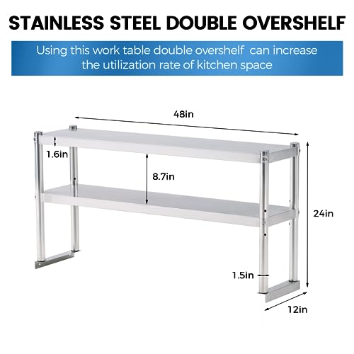 KUARBARR 12x48 Inch Stainless Steel OverShelf for Kitchen Prep Tables - Adjustable 2-Tier Commercial Steel Storage Rack