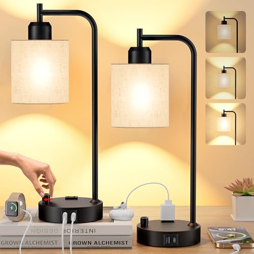 Beige Industrial Table Lamps Set of 2 - Dimmable Bedside Lamps with USB Ports and Outlet