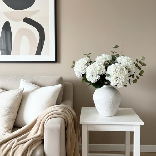 RyddeligHome White Faux Hydrangea & Eucalyptus Floral Arrangement for Vase — Real Touch Artificial Flowers for Home Decor