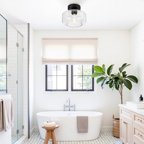 Farmhouse Semi Flush Ceiling Light - Black Seeded Glass Shade, Vintage Style, 8.7-inch Diameter - Space-Saving Industrial Fixture for Hallway & Bedroom