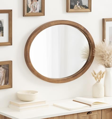 Rustic Brown Oval Wall Mirror 18x24 - Farmhouse Decor, Traditional Wood Frame