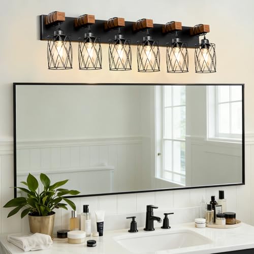 Black Farmhouse Bathroom Vanity Light 6-Light Wood & Metal Fixture Over Mirror - Rustic Style