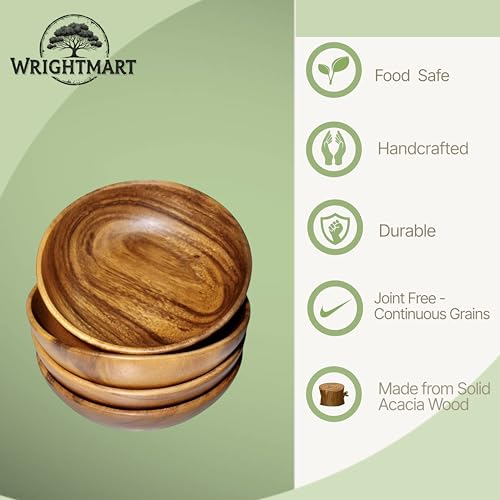 Wood Bowls for Food Set of 4 - 7 Inch Solid Acacia Salad & Cereal Bowls