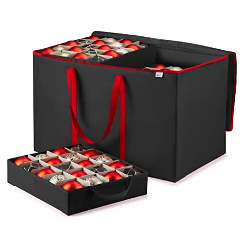 Premium 200-3" Ornaments Large Carrying Box with Clear LID, 10 Trays, Tear-Resistant 600D Oxford, Black