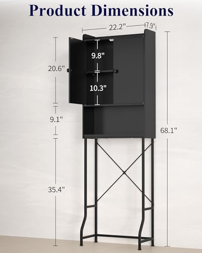 Kitsure Black 3-Tier Over Toilet Storage Cabinet with Magnetic Doors - 68.1"H