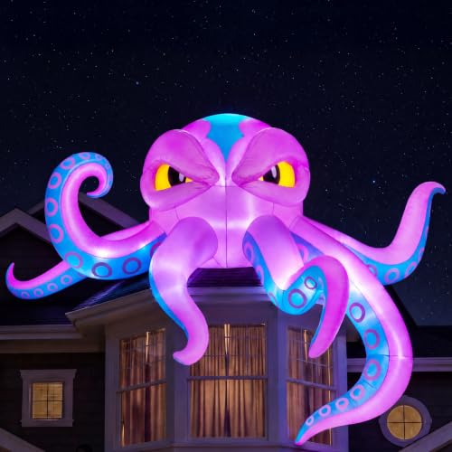 JOYIN 10FT Blue Tentacled Halloween Inflatable Rooftop Octopus with LED Lights