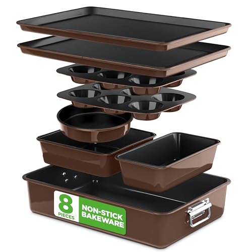 NutriChef Brown 8-Piece Nonstick Stackable Bakeware Set - Oven Safe 450°F