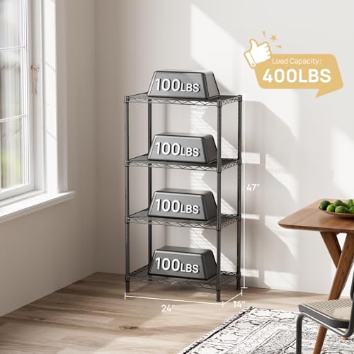 Adjustable Metal Shelving Unit - 4 Tiers Black Wire Storage Rack 14"D x 24"W x 48"H