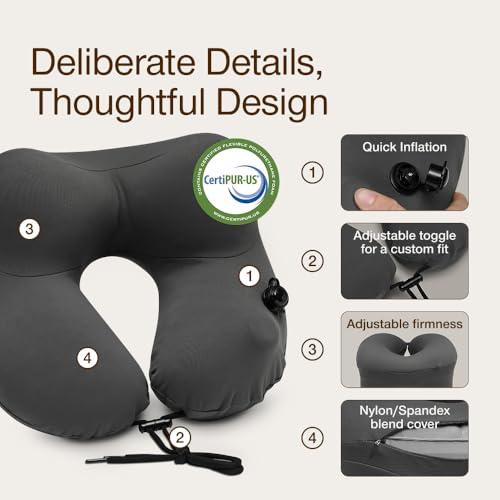 Inflatable Travel Neck Pillow with Memory Foam Support, Adjustable & Washable Cover