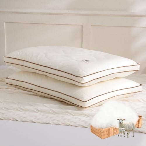 Queen Size Wool Pillow Set of 2 - Flat, Breathable Cotton Cover, Off White