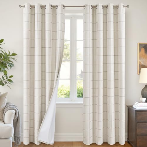 Natural 52x84 Inch Boho Plaid Linen Blackout Curtains - Pack of 2