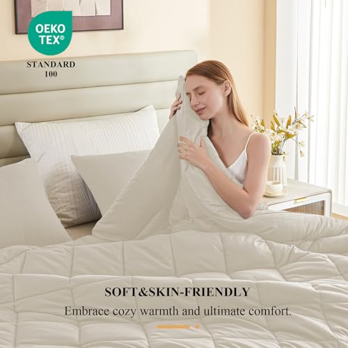 Alaskan King Size Comforter Beige 132x120 Oversized All-Season Down Alternative Quilt with 8 Corner Tabs - Extra Large Bed Duvet Insert