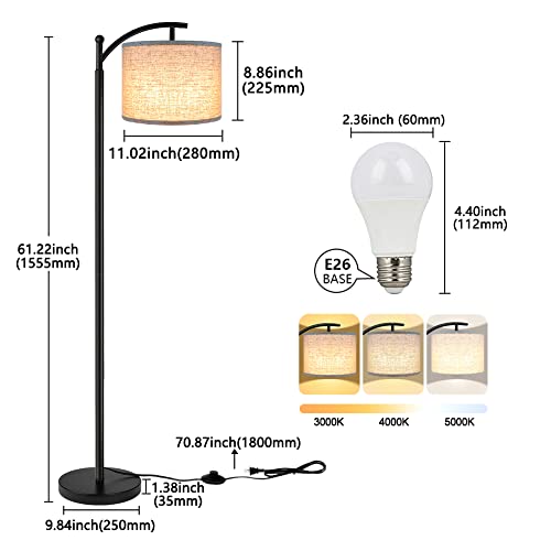 Floor Lamp for Living Room with Beige Shade - 3 Color Temperatures LED Bulb Tall Industrial Standing Lamp Reading Bed Office Black+Beige Shade