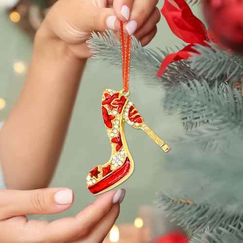 High Heel Shoe Christmas Ornaments Red Metal High Heel Ornaments for Christmas Tree Rhinestones Shoe Hanging Christmas Decorations Funny Christmas Ornaments for Women Girl Mom Sisters