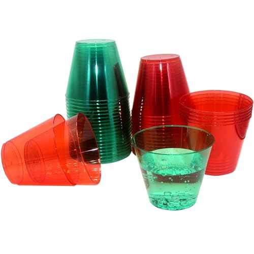 24 PCS Christmas Clear Plastic Cups 9 Oz, Red and Green Disposable Cups, Ice Cream Cups,Drinking Tumblers, Disposable Wine Glasses for Holiday Parties, Xmas, New Year, Wedding