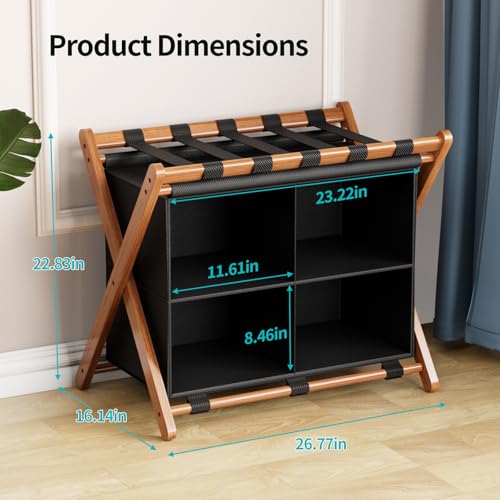 Walnut Bamboo Luggage Rack 2 Pack with 4 Storage Compartments – Foldable Suitcase Stand for Guest Room, 150lbs Capacity