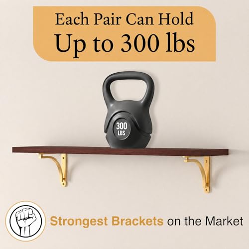 Gold 10 Inch Heavy Duty Shelf Brackets Set of 4 - Wall Mount Support for Shelving