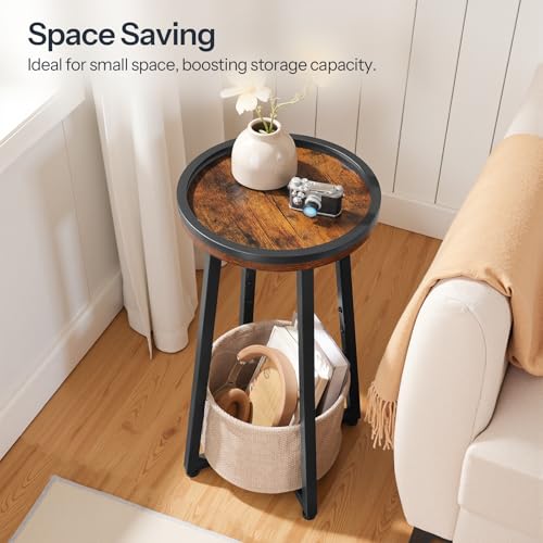 Rustic Brown Small Round Side Table with 2-Tier Design - Compact Sofa End Table