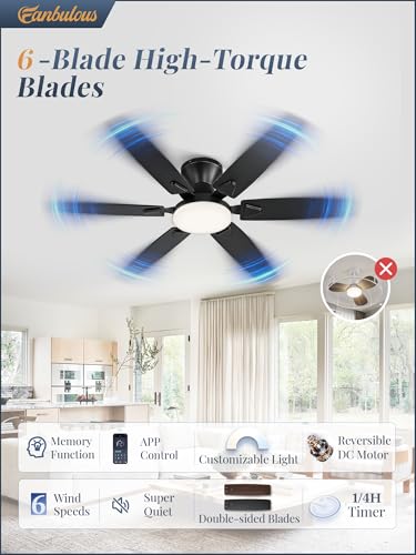 Fanbulous 52 Inch Black Flush Mount Ceiling Fan with Light, Remote & App Control