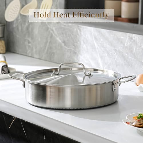 8 Quart Tri-Ply Stainless Steel Braiser Pan with Non-Stick Ceramic Coating
