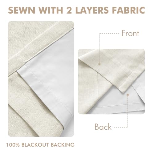 MIULEE Natural Blackout Linen Curtains 40x90 Inches Pack of 2 - Pinch Pleat, Thermal Insulated, 100% Darkening, Dual-Layer