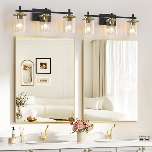 Black and Gold Bathroom Light Fixtures - 3-Lights Vanity Wall Sconces with Square Glass Shades - Variation of THIS listing