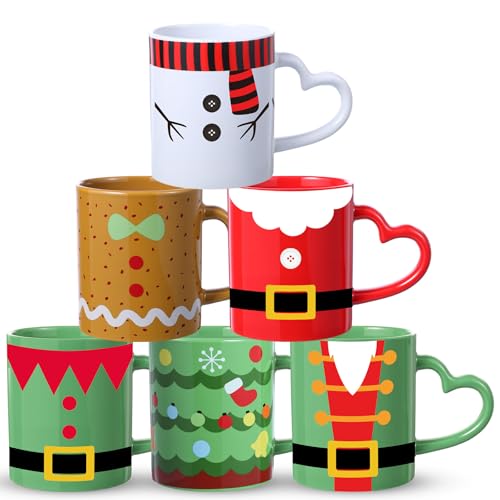 Christmas Colorful Mug Set of 6 - 10 OZ Ceramic Holiday Coffee Cups with Santa Snowman