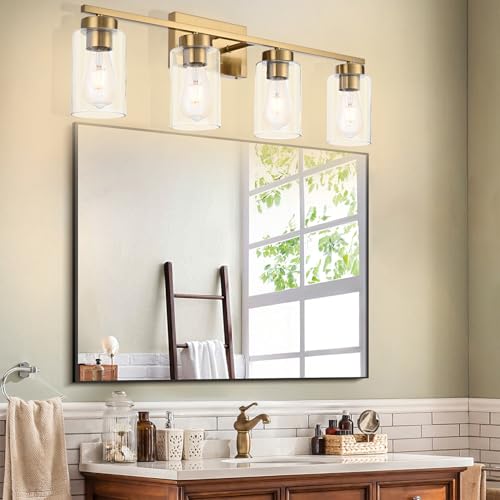 4-Light Bathroom Vanity Light Fixtures - Brushed Brass Wall Sconces with Clear Glass Shades - Gold, 4 Lights - Variation of THIS listing