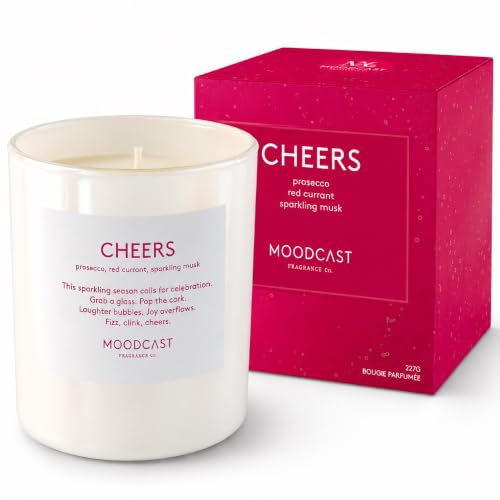 Moodcast Cheers Scented Holiday Candle - 8oz Vegan Winter Candle, Prosecco & Red Currant, Christmas Decor - Cheers / 1