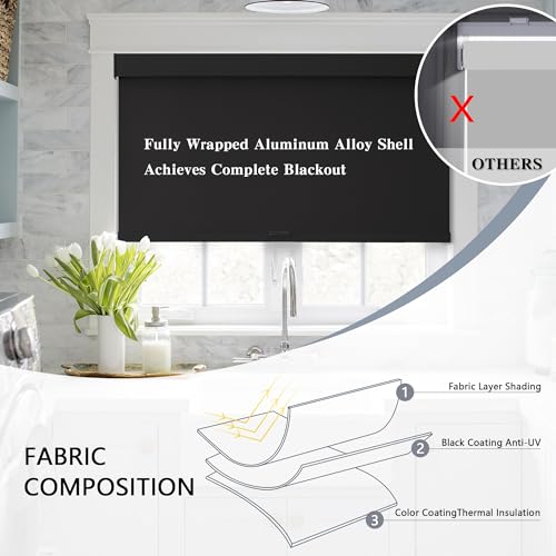 AOSKY Cordless Blackout Roller Shades, 34" W x 72" H, Black