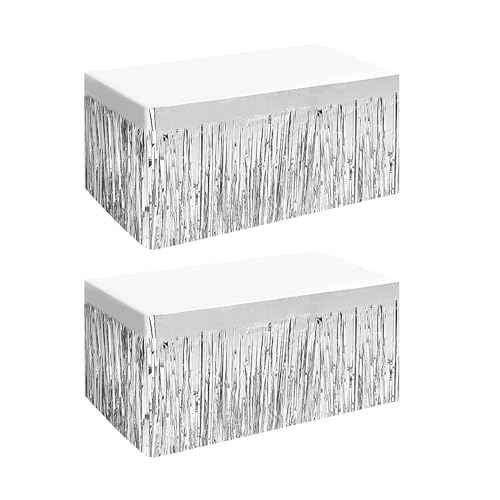 2 Pack 29.5x72 Inch Metallic Foil Fringe Tinsel Table Skirts Tinsel Backdrop Curtains for Rectangle Tables Parade Floats Mardi Gras Party(Silver)