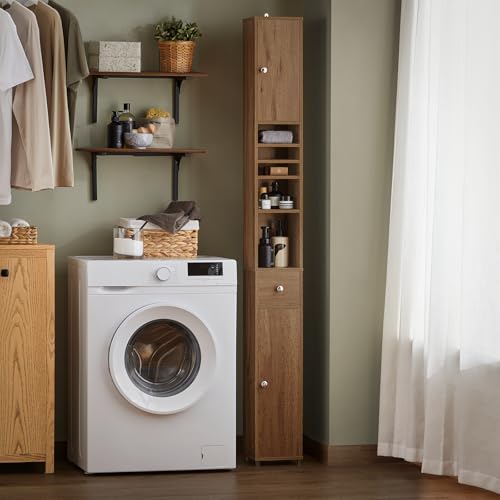 Natural Narrow Bathroom Storage Cabinet with Adjustable Shelves - Tall Floor Unit