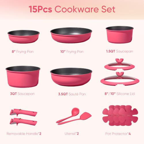 Nonstick 15-Piece Pots and Pans Set with Detachable Handle - Dark Pink