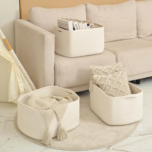 ICERZCZ Large Woven Cotton Rope Storage Baskets Off White 17x13x9.5 Inch 3 Pack