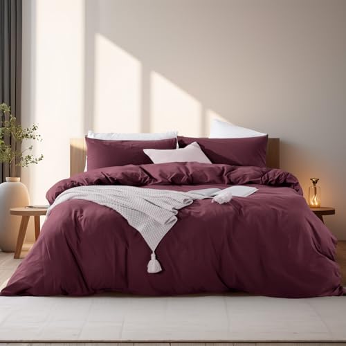 King Size Burgundy Duvet Cover Set Linen Look 100% Washed Cotton Textured Bedding