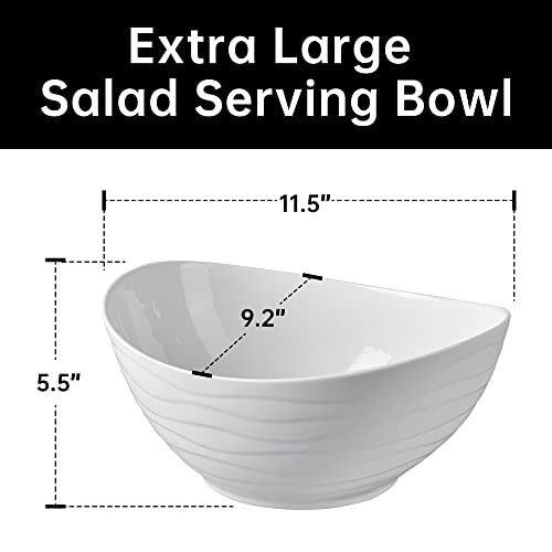 Large Ceramic Oval Salad Bowl Set with Acacia Wood Serving Utensils